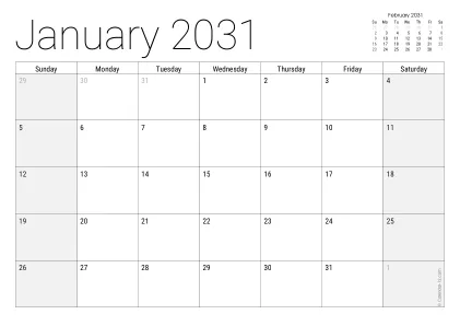 Preview of the printable August 2031 calendar