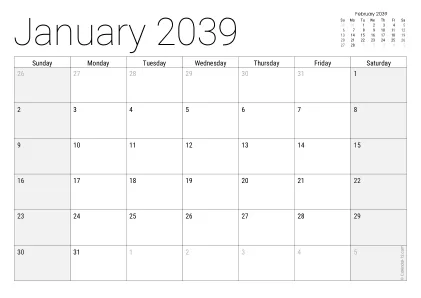 Preview of the printable August 2039 calendar