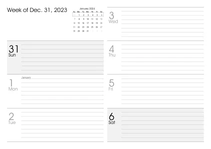 Preview of a weekly calendar page with holidays