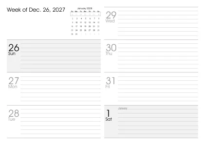 Preview of a weekly calendar page with holidays