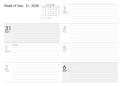 Preview of a weekly calendar page with holidays