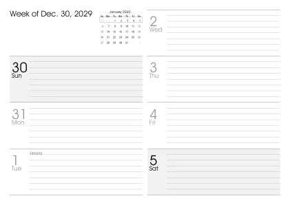Preview of a weekly calendar page with holidays