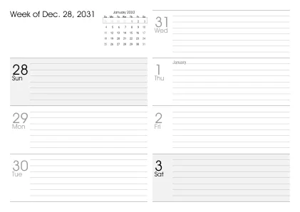 Preview of a weekly calendar page with holidays