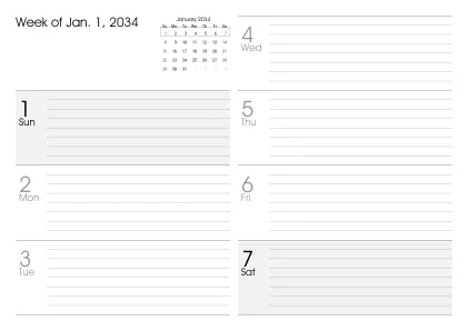 Preview of a weekly calendar page with holidays