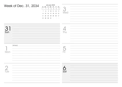 Preview of a weekly calendar page with holidays