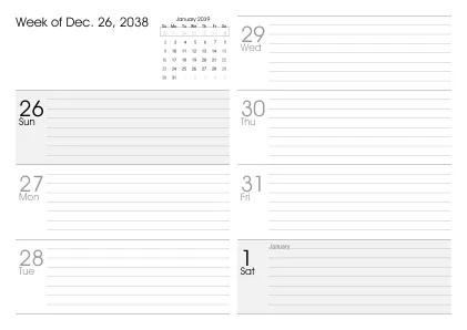 Preview of a weekly calendar page with holidays